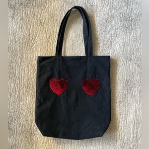 Marc Jacobs rare black canvas tote with wallet and red sequin hearts.